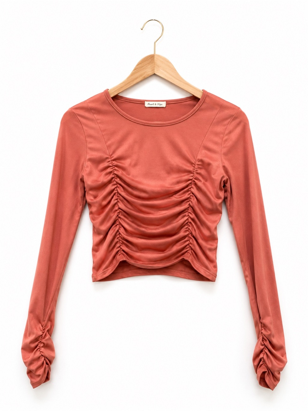Heart Hips Rust-Orange Ruched Long Sleeve Crop Top